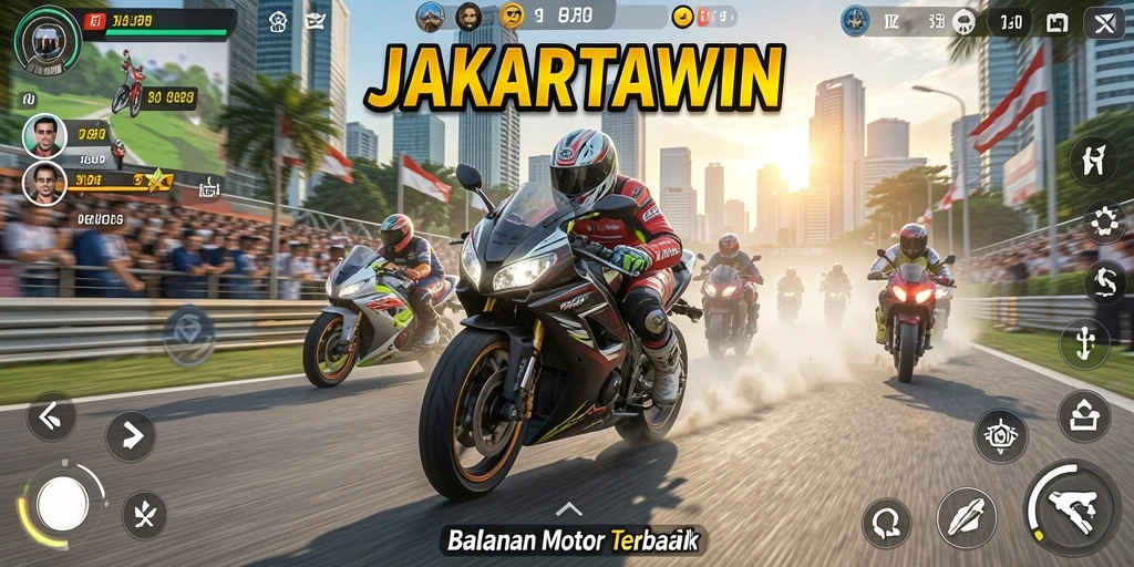 Screenshot gameplay JAKARTAWIN menampilkan balapan motor di jalanan Jakarta.