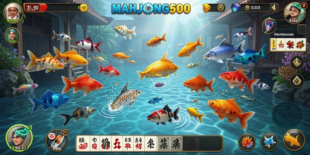 Screenshot gameplay MAHJONG500 menampilkan aksi Tembak Ikan yang seru.