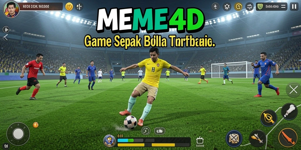 Tangkapan layar utama dari game sepak bola MEME4D yang menunjukkan aksi di lapangan.