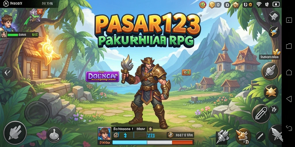 Screenshot utama PASAR123 menunjukkan pertarungan epik karakter di dunia fantastis.
