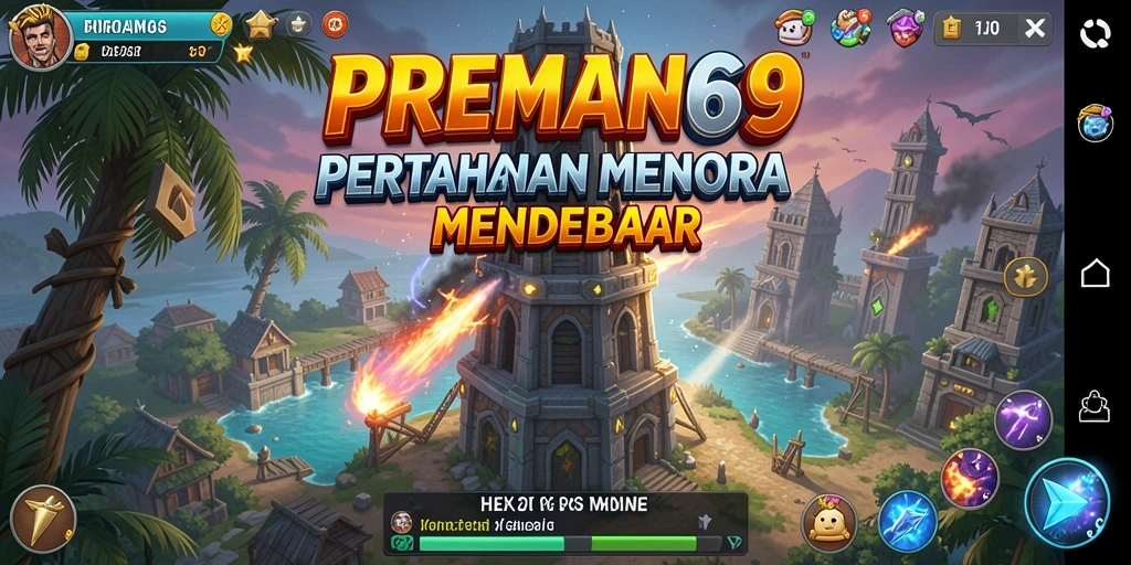 Tangkapan layar utama PREMAN69 menunjukkan aksi seru dalam permainan Tower Defense.