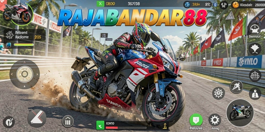 Tampilan menarik dari gameplay RAJABANDAR88 dengan aksi balap motor yang intens.
