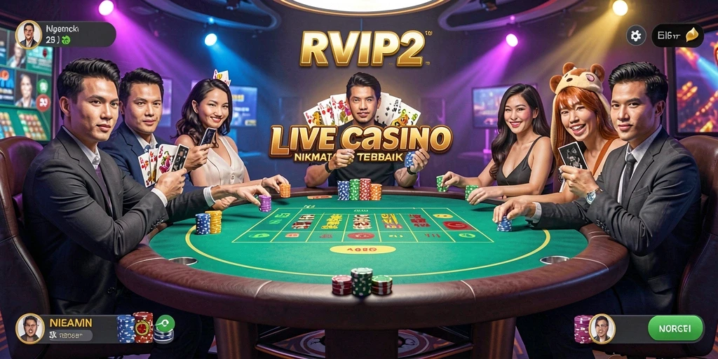 Screenshot utama RVIP2 menampilkan dealer cantik dan permainan yang mendebarkan.