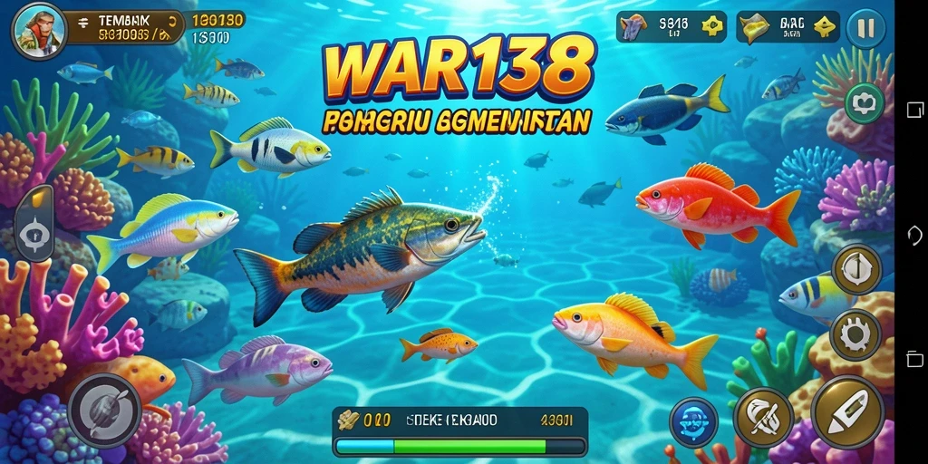 Screenshot gameplay WAR138 menampilkan serunya menembak ikan berwarna-warni.